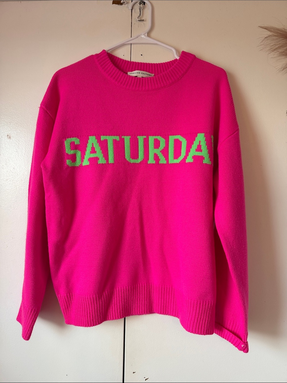 English Factory Bright Pink Crewneck Sweater with Lime Green SATURDAY
